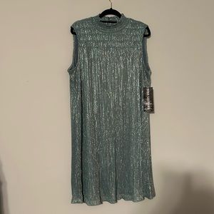 NWT Nina Leonard lined light teal/silver threaded sleeveless high neck dress.